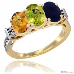 10K Yellow Gold Natural Whisky Quartz, Lemon Quartz & Lapis Ring 3-Stone Oval 7x5 mm Diamond Accent