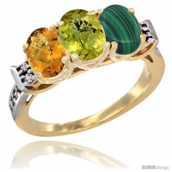 10K Yellow Gold Natural Whisky Quartz, Lemon Quartz & Malachite Ring 3-Stone Oval 7x5 mm Diamond Accent