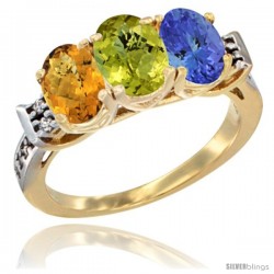 10K Yellow Gold Natural Whisky Quartz, Lemon Quartz & Tanzanite Ring 3-Stone Oval 7x5 mm Diamond Accent