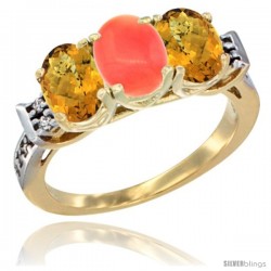 10K Yellow Gold Natural Coral & Whisky Quartz Sides Ring 3-Stone Oval 7x5 mm Diamond Accent