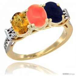 10K Yellow Gold Natural Whisky Quartz, Coral & Lapis Ring 3-Stone Oval 7x5 mm Diamond Accent