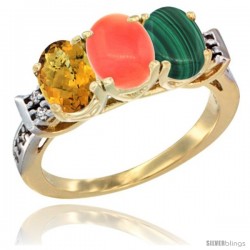 10K Yellow Gold Natural Whisky Quartz, Coral & Malachite Ring 3-Stone Oval 7x5 mm Diamond Accent