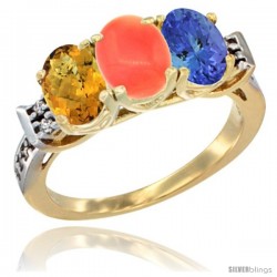 10K Yellow Gold Natural Whisky Quartz, Coral & Tanzanite Ring 3-Stone Oval 7x5 mm Diamond Accent