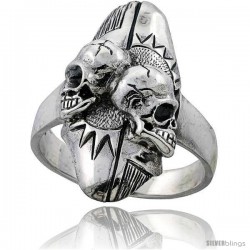 Sterling Silver Gothic Biker 2 Skull Ring with Sun Background 1 1/4 in wide