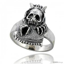 Sterling Silver Gothic Biker Skull with Horns Ring 1 in wide