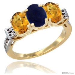 10K Yellow Gold Natural Lapis & Whisky Quartz Sides Ring 3-Stone Oval 7x5 mm Diamond Accent