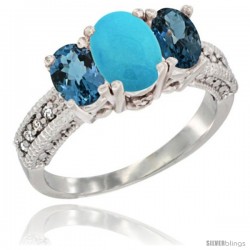 14k White Gold Ladies Oval Natural Turquoise 3-Stone Ring with London Blue Topaz Sides Diamond Accent