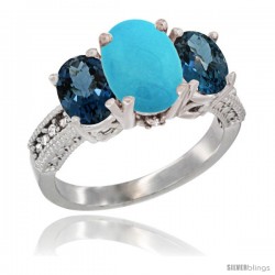 14K White Gold Ladies 3-Stone Oval Natural Turquoise Ring with London Blue Topaz Sides Diamond Accent