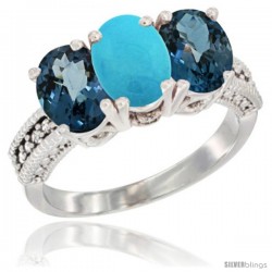 14K White Gold Natural Turquoise & London Blue Topaz Sides Ring 3-Stone 7x5 mm Oval Diamond Accent