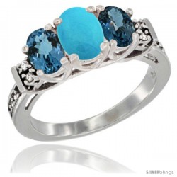 14K White Gold Natural Turquoise & London Blue Ring 3-Stone Oval with Diamond Accent