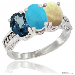 14K White Gold Natural London Blue Topaz, Turquoise & Opal Ring 3-Stone 7x5 mm Oval Diamond Accent