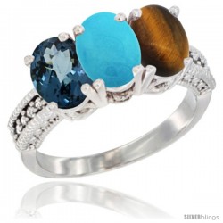 14K White Gold Natural London Blue Topaz, Turquoise & Tiger Eye Ring 3-Stone 7x5 mm Oval Diamond Accent