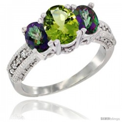 10K White Gold Ladies Oval Natural Peridot 3-Stone Ring with Mystic Topaz Sides Diamond Accent