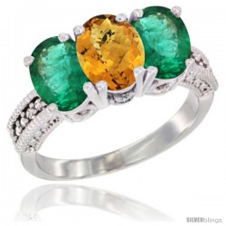 14K White Gold Natural Whisky Quartz & Emerald Sides Ring 3-Stone 7x5 mm Oval Diamond Accent