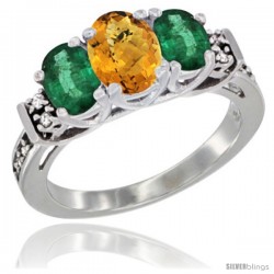 14K White Gold Natural Whisky Quartz & Emerald Ring 3-Stone Oval with Diamond Accent