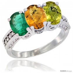 14K White Gold Natural Emerald, Whisky Quartz & Lemon Quartz Ring 3-Stone 7x5 mm Oval Diamond Accent