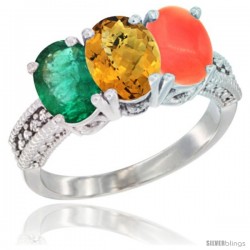 14K White Gold Natural Emerald, Whisky Quartz & Coral Ring 3-Stone 7x5 mm Oval Diamond Accent