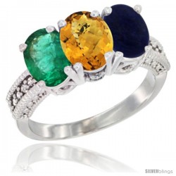 14K White Gold Natural Emerald, Whisky Quartz & Lapis Ring 3-Stone 7x5 mm Oval Diamond Accent