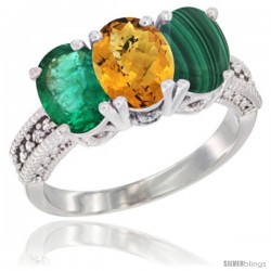 14K White Gold Natural Emerald, Whisky Quartz & Malachite Ring 3-Stone 7x5 mm Oval Diamond Accent