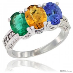 14K White Gold Natural Emerald, Whisky Quartz & Tanzanite Ring 3-Stone 7x5 mm Oval Diamond Accent