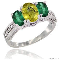 14k White Gold Ladies Oval Natural Lemon Quartz 3-Stone Ring with Emerald Sides Diamond Accent