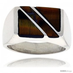 Gent's Sterling Silver Rectangular Striped Tiger Eye Ring