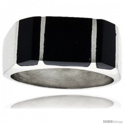 Gent's Sterling Silver Striped Black Obsidian Ring