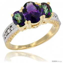 10K Yellow Gold Ladies Oval Natural Amethyst 3-Stone Ring with Mystic Topaz Sides Diamond Accent