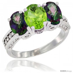 10K White Gold Natural Peridot & Mystic Topaz Sides Ring 3-Stone Oval 7x5 mm Diamond Accent