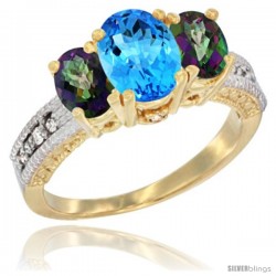 10K Yellow Gold Ladies Oval Natural Swiss Blue 3-Stone Ring with Mystic Topaz Sides Diamond Accent