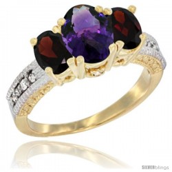 14k Yellow Gold Ladies Oval Natural Amethyst 3-Stone Ring with Garnet Sides Diamond Accent