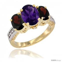 14K Yellow Gold Ladies 3-Stone Oval Natural Amethyst Ring with Garnet Sides Diamond Accent