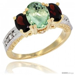 14k Yellow Gold Ladies Oval Natural Green Amethyst 3-Stone Ring with Garnet Sides Diamond Accent