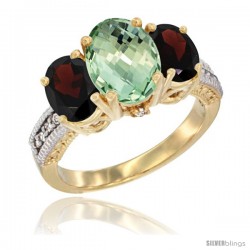 14K Yellow Gold Ladies 3-Stone Oval Natural Green Amethyst Ring with Garnet Sides Diamond Accent