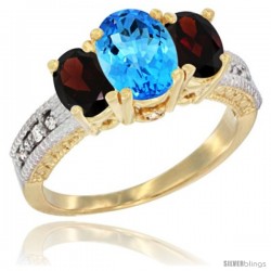 14k Yellow Gold Ladies Oval Natural Swiss Blue Topaz 3-Stone Ring with Garnet Sides Diamond Accent