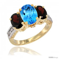 14K Yellow Gold Ladies 3-Stone Oval Natural Swiss Blue Topaz Ring with Garnet Sides Diamond Accent