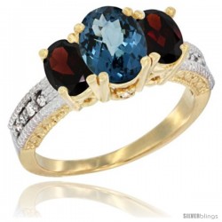 14k Yellow Gold Ladies Oval Natural London Blue Topaz 3-Stone Ring with Garnet Sides Diamond Accent