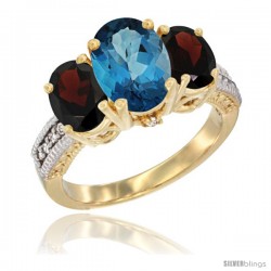 14K Yellow Gold Ladies 3-Stone Oval Natural London Blue Topaz Ring with Garnet Sides Diamond Accent