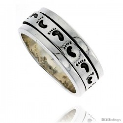 Sterling Silver Men's Spinner Ring Footprints Pattern Handmade 3/8 in wide