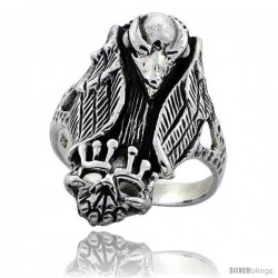 Sterling Silver Gothic Biker Vulture with Crowned Skull Ring 1 1/4 in wide