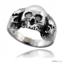 Sterling Silver Gothic Biker Triple Skull Ring 5/8 in wide