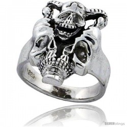 Sterling Silver Gothic Biker Horned Skull Ring 7/8 in wide