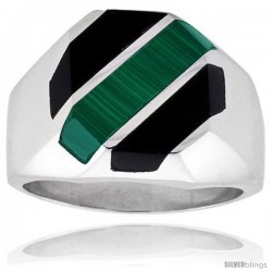 Gent's Sterling Silver Black Obsidian with Malachite Ring