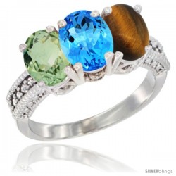 10K White Gold Natural Green Amethyst, Swiss Blue Topaz & Tiger Eye Ring 3-Stone Oval 7x5 mm Diamond Accent