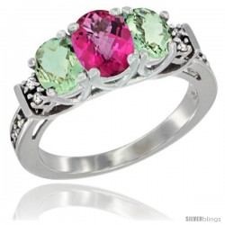 14K White Gold Natural Pink Topaz & Green Amethyst Ring 3-Stone Oval with Diamond Accent