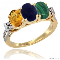 10K Yellow Gold Natural Whisky Quartz, Lapis & Malachite Ring 3-Stone Oval 7x5 mm Diamond Accent