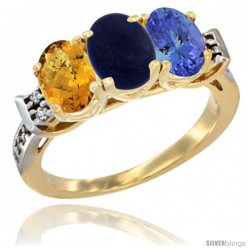 10K Yellow Gold Natural Whisky Quartz, Lapis & Tanzanite Ring 3-Stone Oval 7x5 mm Diamond Accent