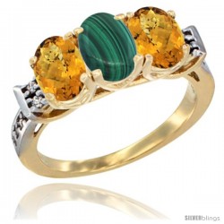 10K Yellow Gold Natural Malachite & Whisky Quartz Sides Ring 3-Stone Oval 7x5 mm Diamond Accent