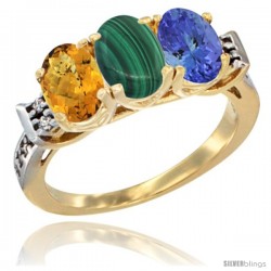 10K Yellow Gold Natural Whisky Quartz, Malachite & Tanzanite Ring 3-Stone Oval 7x5 mm Diamond Accent