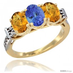 10K Yellow Gold Natural Tanzanite & Whisky Quartz Sides Ring 3-Stone Oval 7x5 mm Diamond Accent